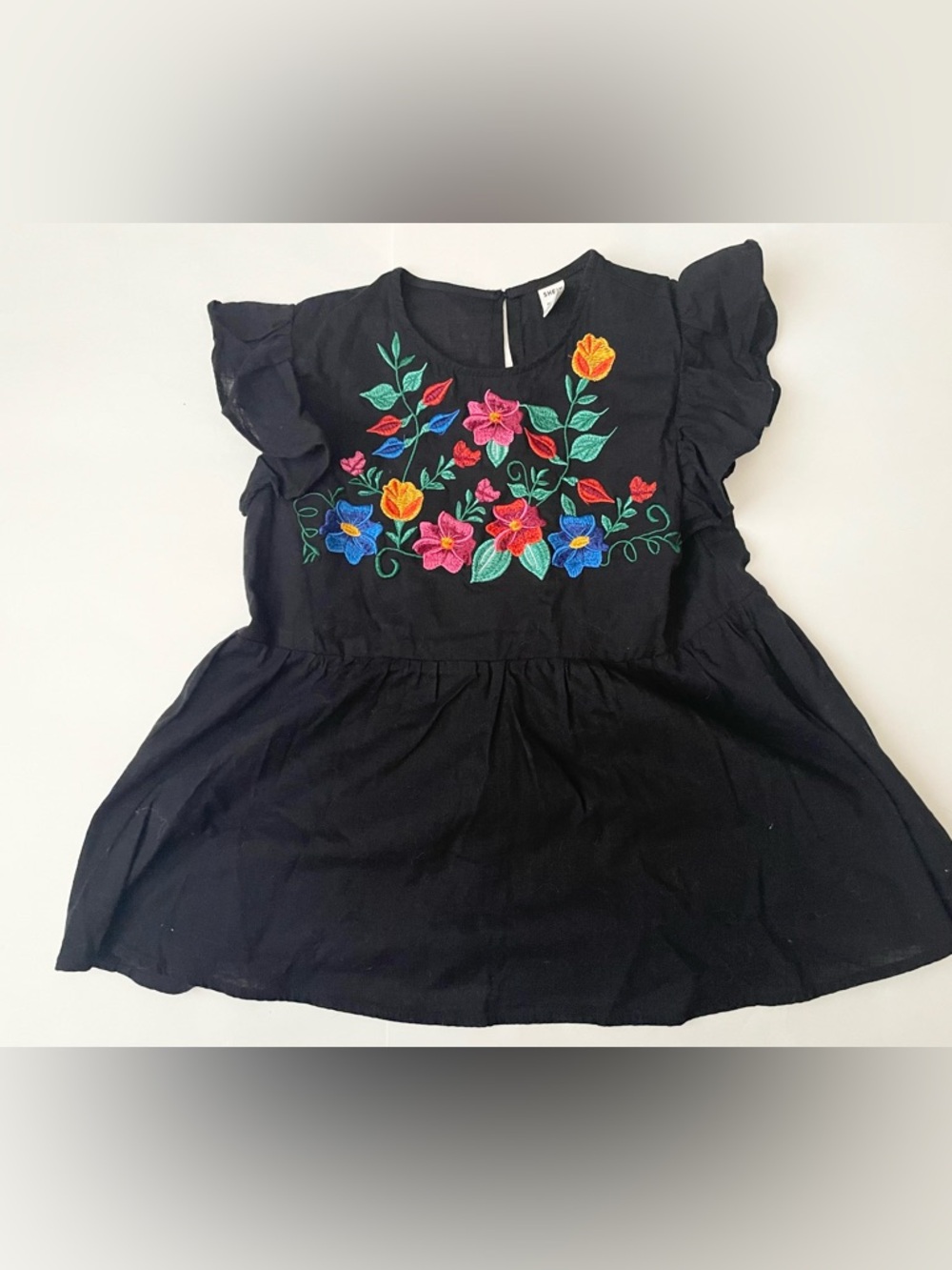 Black Flutter Sleeve Blouse with Multicolor Floral Embroidery